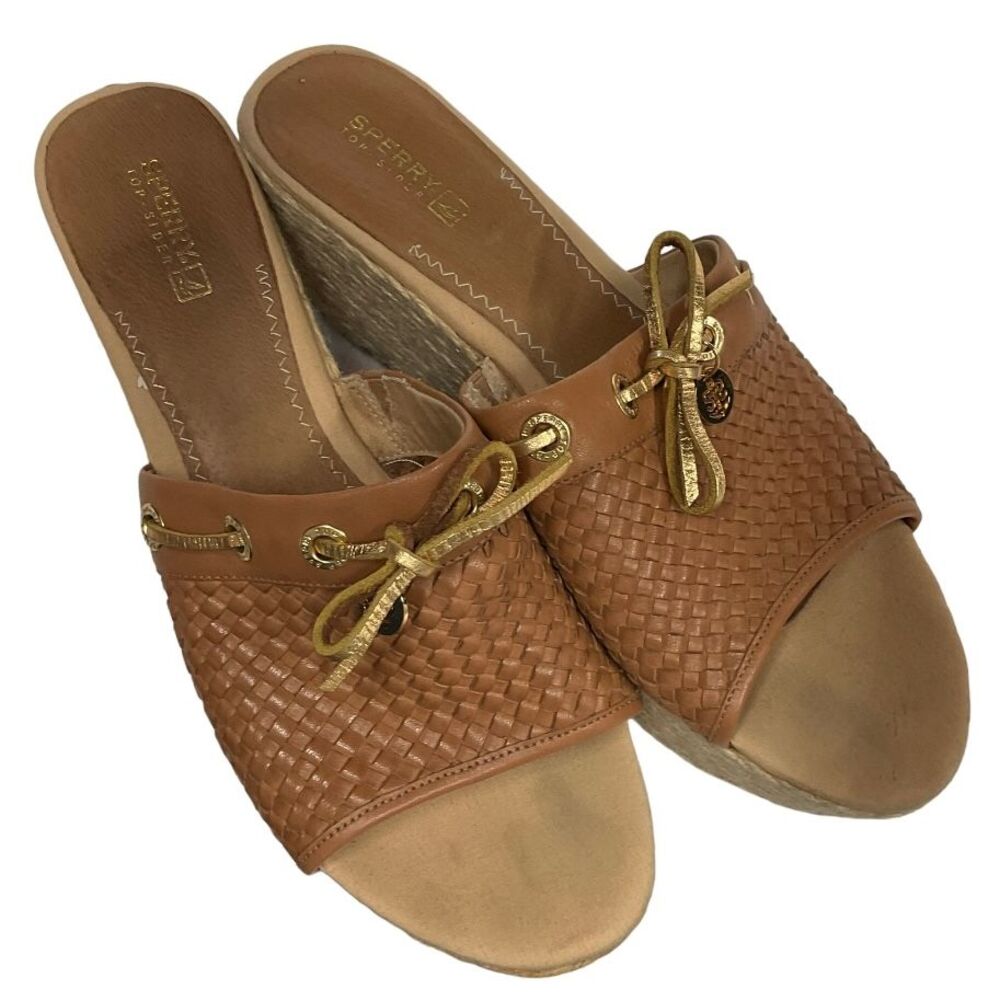 Sperry Top-Sider Womens Platform Tan Brown Leather Wedge Slide Sandals Size 10
